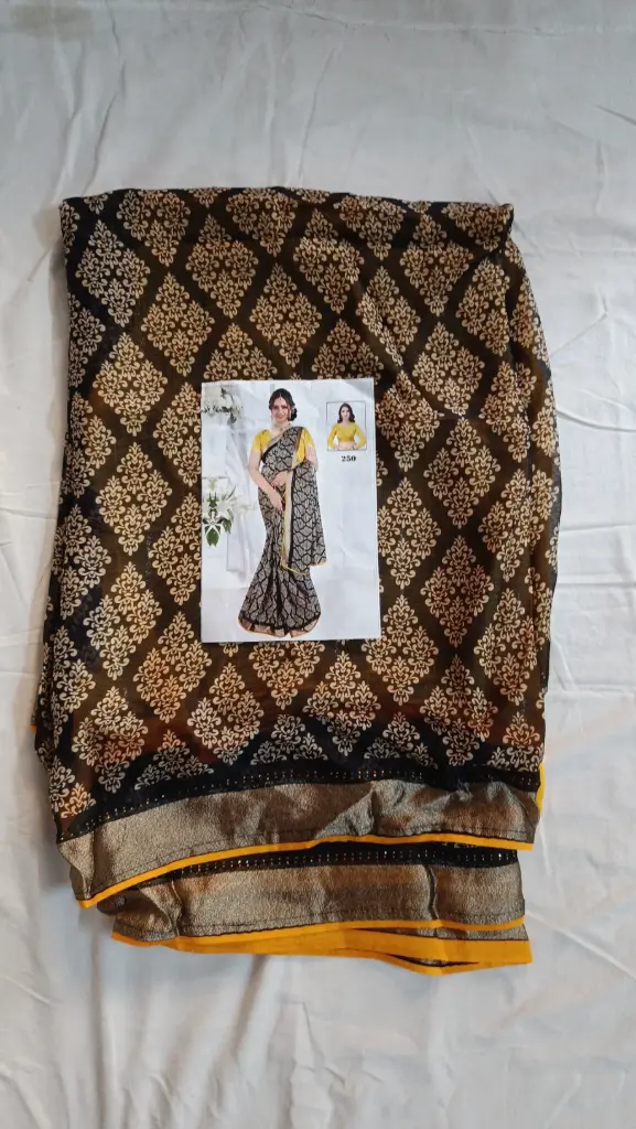 Elegant Black & Gold Printed Saree with Yellow Border and Blouse Piece – Traditional Party & Festive Wear for Women , with blouse