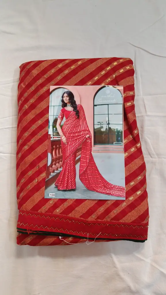 Beautiful Red Saree with Golden Stripes and Matching Blouse Piece – Elegant Party & Festive Wear for Women with blouse