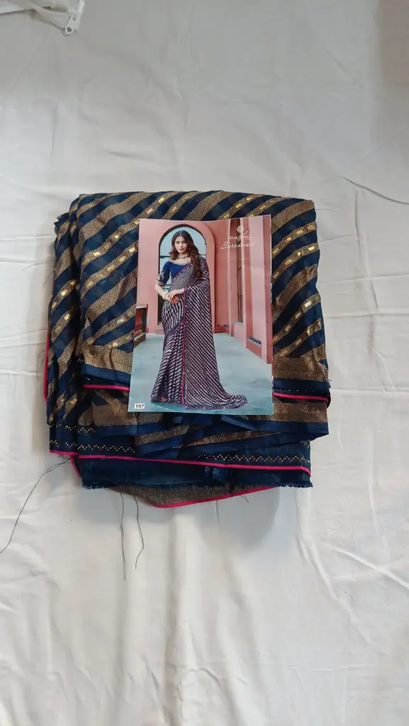 Elegant Navy Blue Saree with Golden Stripes and Contrast Pink Border – Designer Party & Festive Wear Saree for Women with blouse