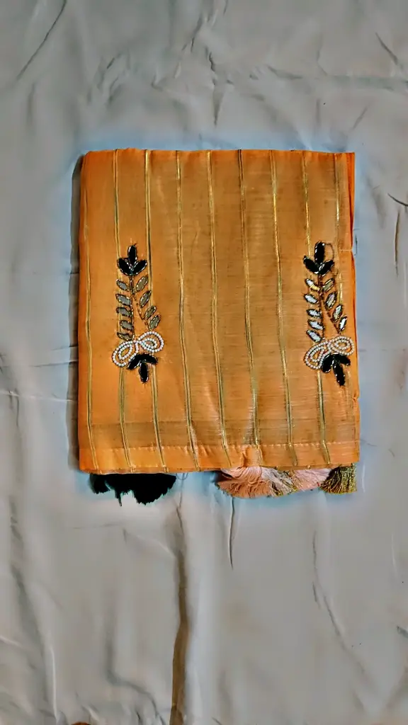 🌸 Elegant Peach Cotton Saree with Green & Golden Embroidery Work, with blouse 🌸