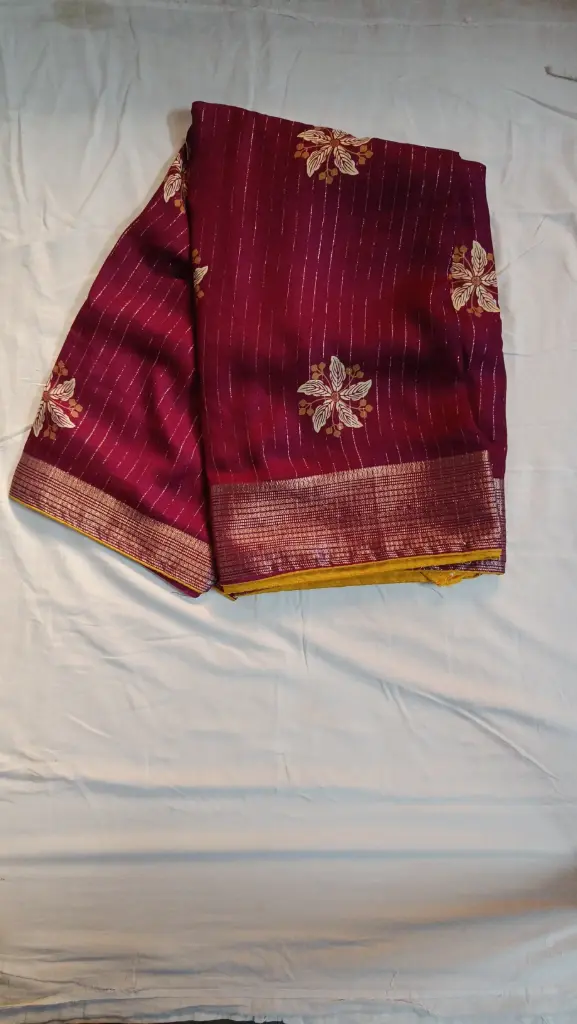 💮 Maroon Cotton Saree with Golden Floral Zari Border with blouse 💮